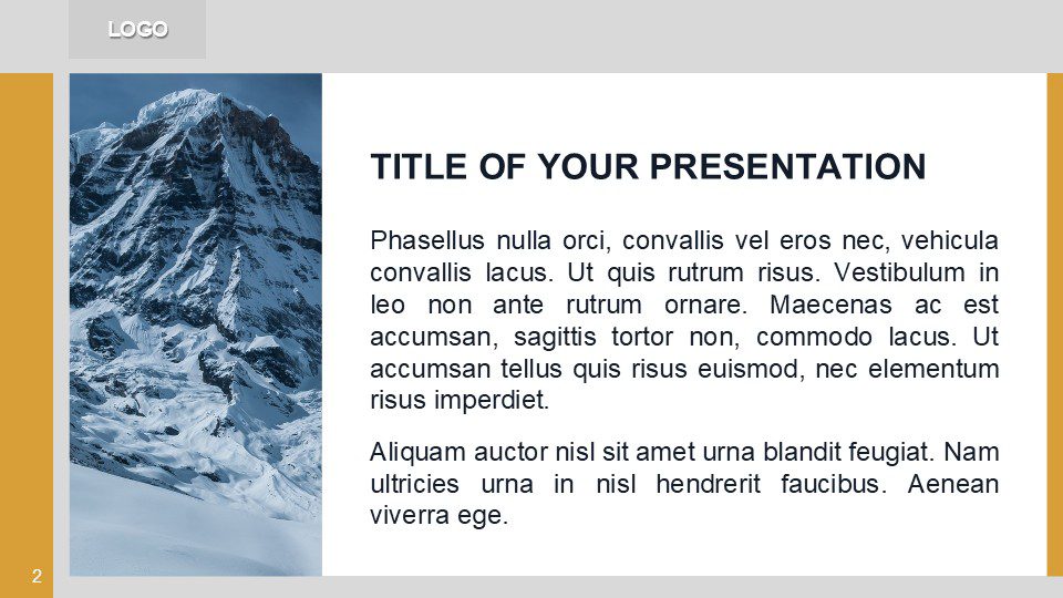 Orange Mountains PowerPoint Template – Content Slide Content slide from Orange Mountains PowerPoint template showing mountain photo sidebar with title and text layout