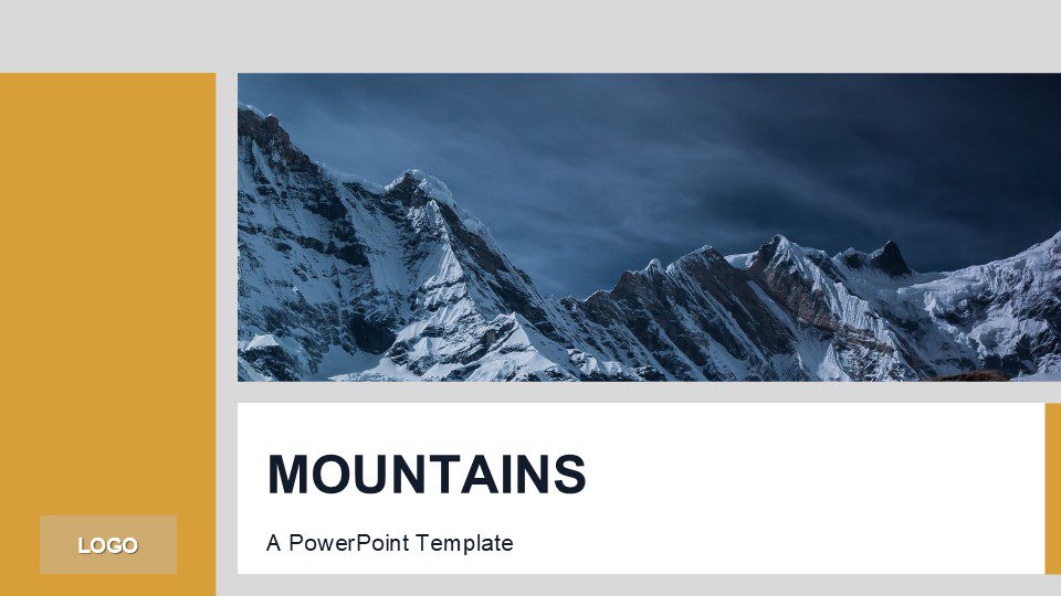 Orange themed Mountains PowerPoint template with snowy mountain photo background and clean layout for professional presentations