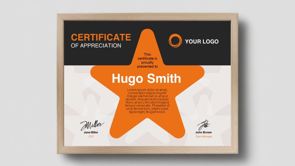 Orange star appreciation certificate template for PowerPoint and Google Slides with bold star layout and modern professional design for awards.