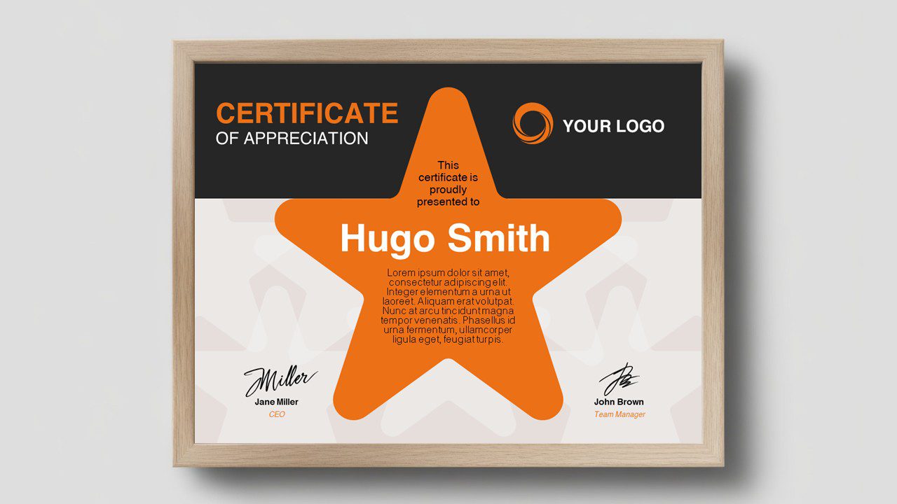 Orange star appreciation certificate template for PowerPoint and Google Slides with bold star layout and modern professional design for awards.