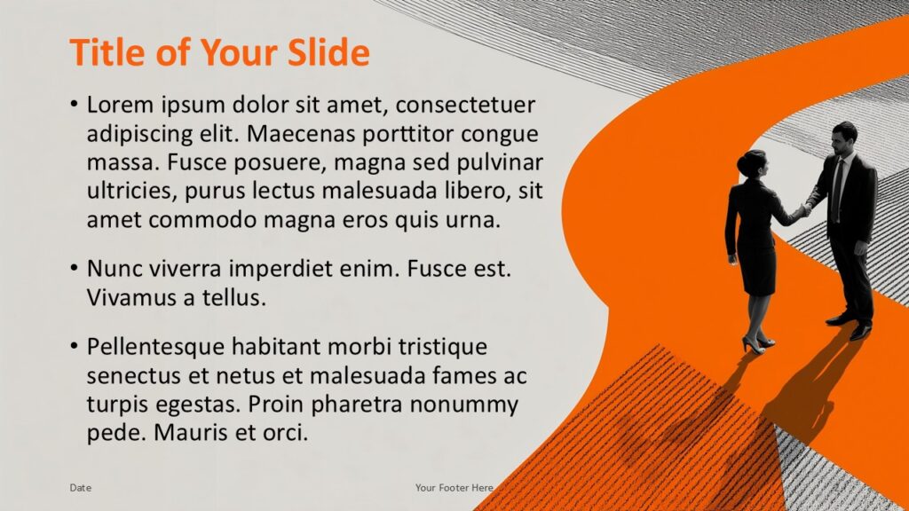 Partnership Path Content Slide PowerPoint Google Slides Partnership Path content slide template for PowerPoint and Google Slides with modern layout, editable text areas, and dynamic orange shapes.