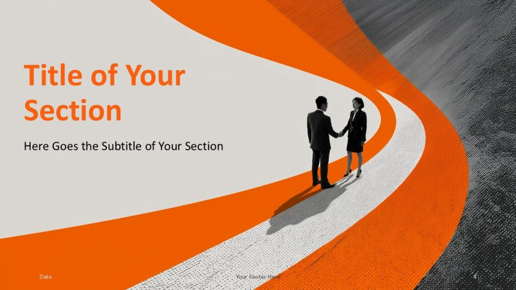 Partnership Path Section Divider PowerPoint Google Slides Partnership Path section divider slide for PowerPoint and Google Slides presentations with bold orange pathway graphics and business theme.