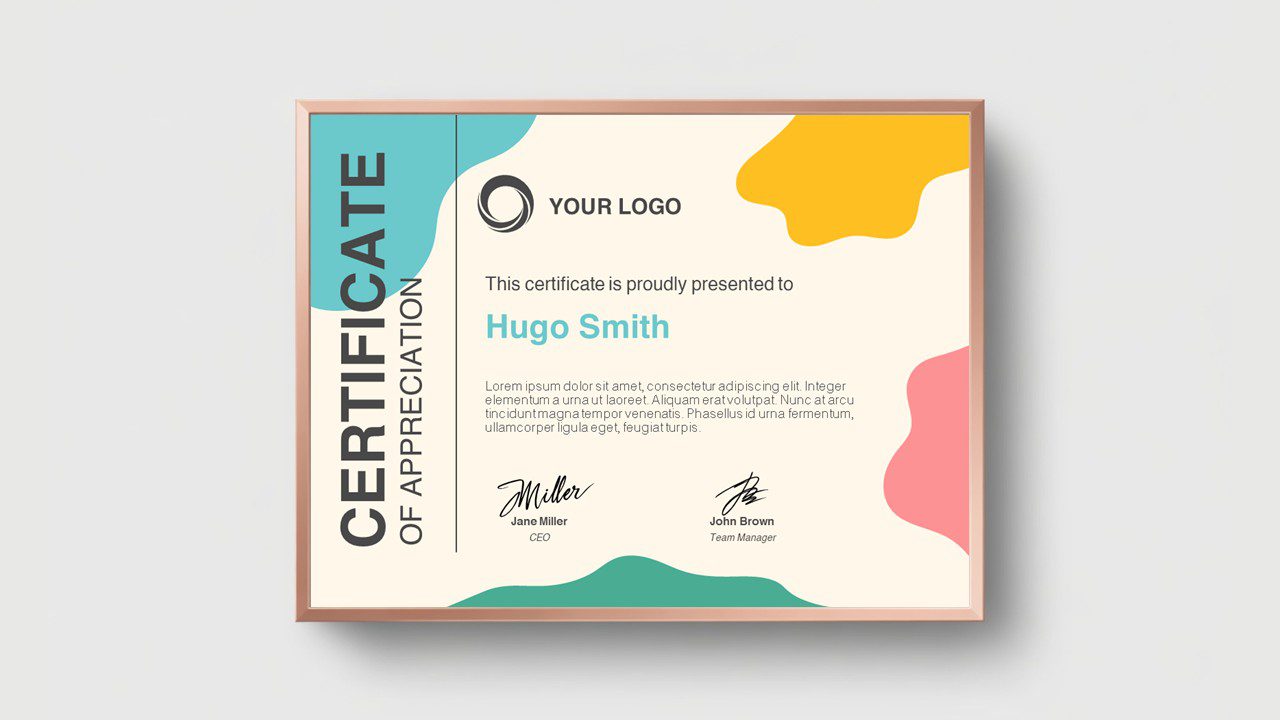 Pastel organic certificate template for PowerPoint and Google Slides with abstract fluid shapes and soft colorful design for awards.