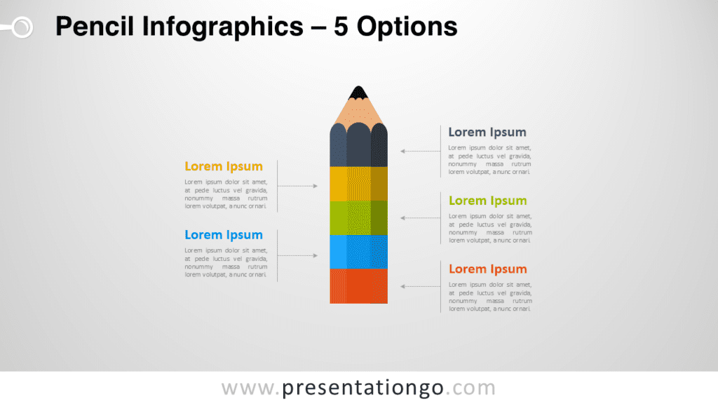 Pencil infographic template for PowerPoint showing vertical pencil with five colored sections representing ideas, options or process steps.