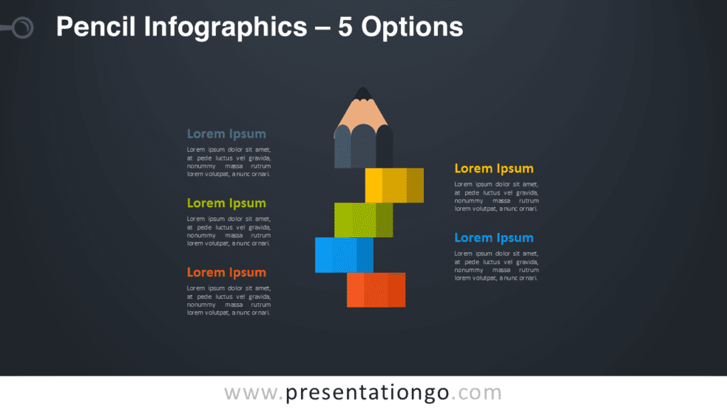 Pencil infographic template for PowerPoint on dark background showing vertical pencil diagram with five sections for ideas or steps.