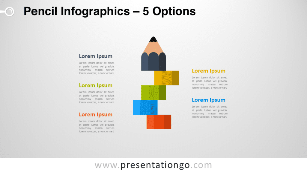 Pencil infographic diagram for PowerPoint with five colored blocks forming a vertical pencil illustrating five ideas or process steps.