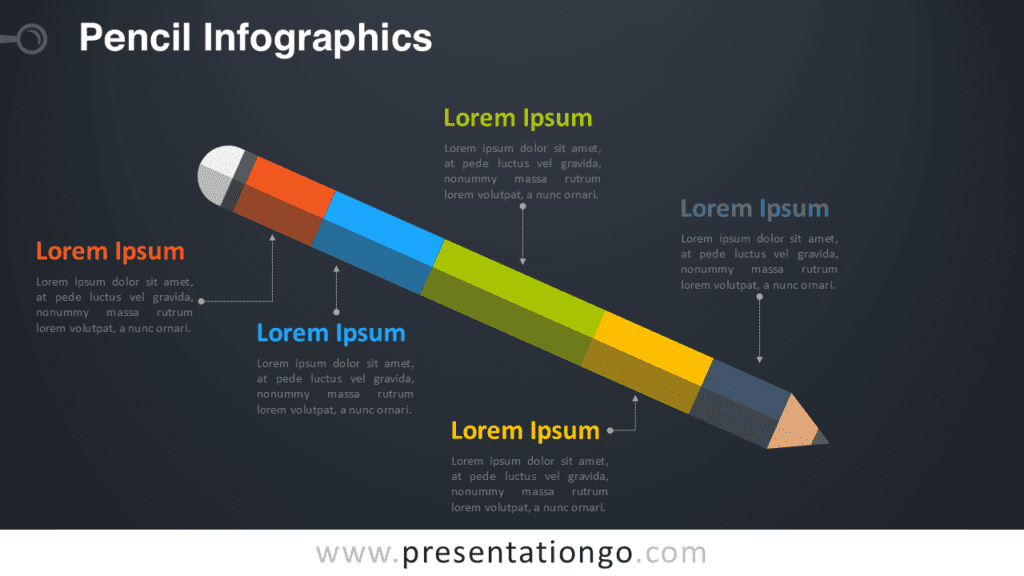 Pencil Infographic for PowerPoint Dark Slide Pencil infographic template for PowerPoint on dark background with segmented pencil diagram illustrating ideas, process steps or strategy.