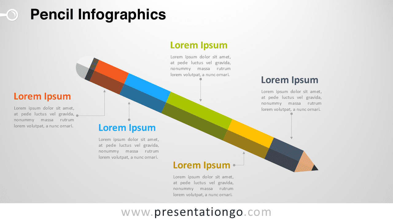 Pencil infographic template for PowerPoint showing segmented pencil illustration with five sections used to present ideas, steps or strategy.