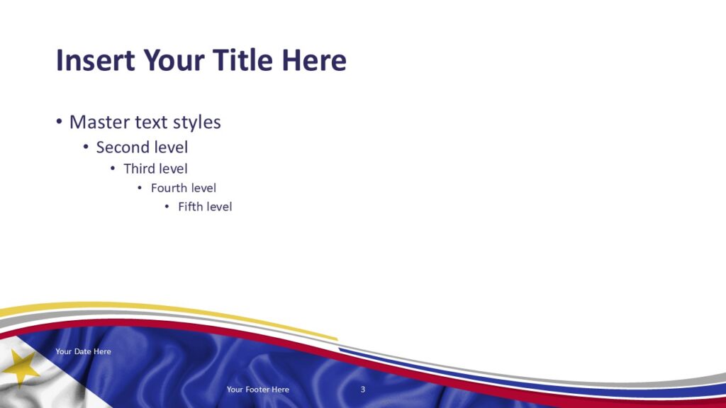 Philippines Flag Sun Slide Template for PowerPoint PowerPoint slide template featuring Philippine flag colors with sun emblem and flowing wave pattern for presentation slides.