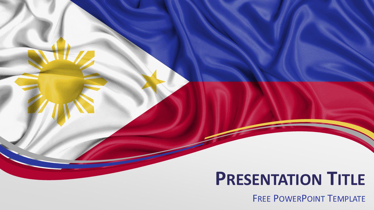 Philippines flag PowerPoint template featuring waving blue red and white Philippine flag with sun emblem and modern wave design.