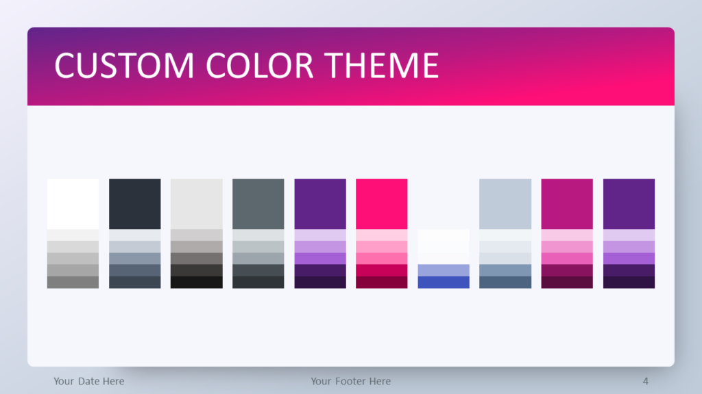 Pink Gradient Color Palette for PowerPoint Template Pink gradient PowerPoint template color palette slide displaying custom theme colors with shades of purple, magenta and gray tones.