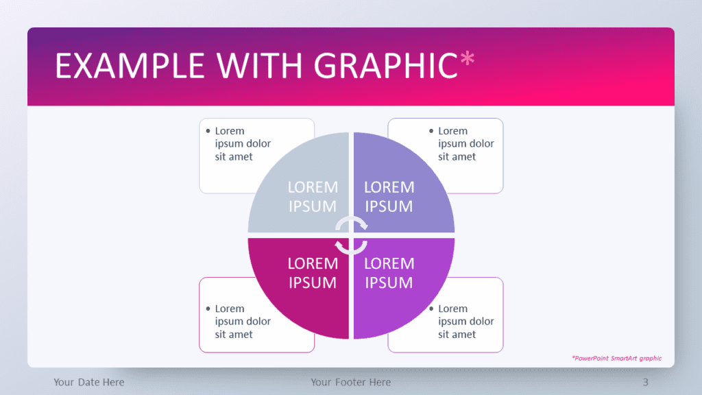 Pink Gradient Infographic Slide for PowerPoint Pink gradient PowerPoint template infographic slide showing circular SmartArt graphic with four sections and modern layout design.