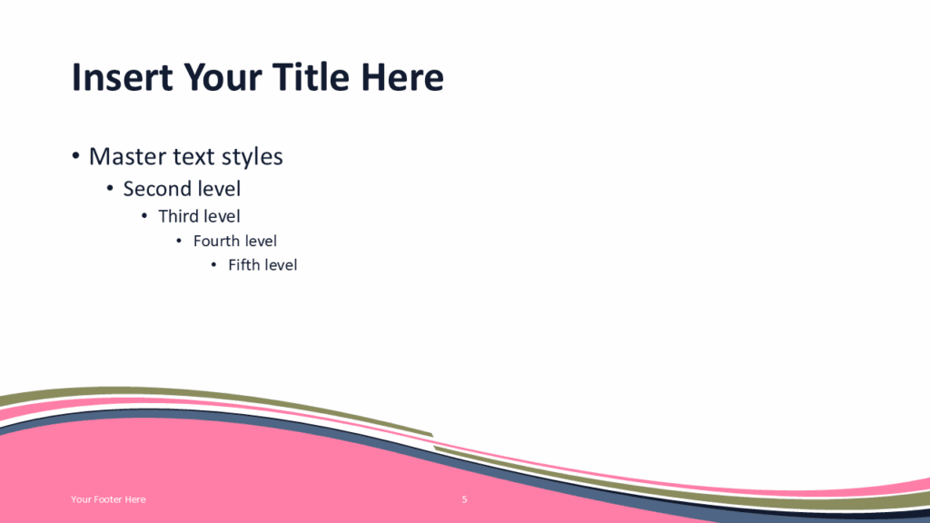 Pink Wave Slide Template for PowerPoint PowerPoint slide template with pink curved wave background and elegant striped accents for presentations.