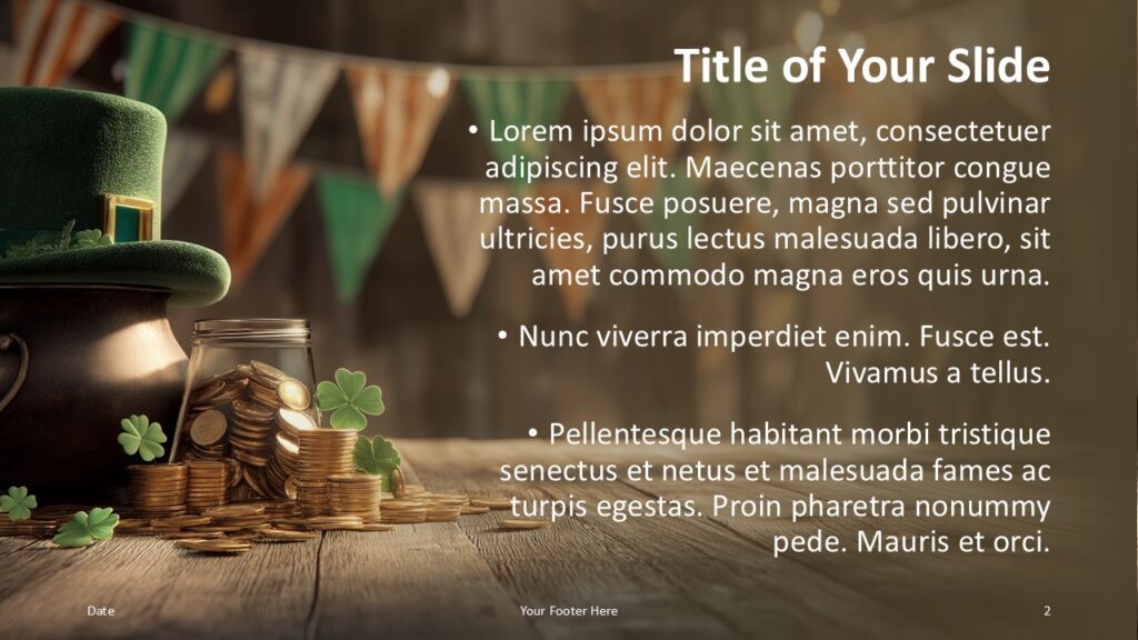 Pot of Gold PowerPoint and Google Slides Content Slide Pot of Gold PowerPoint and Google Slides template content slide layout with festive green theme and editable text areas.
