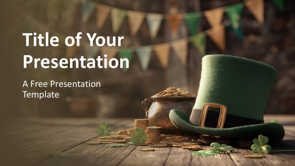Pot of Gold PowerPoint and Google Slides Cover Slide Pot of Gold cover slide design for PowerPoint and Google Slides with green festive theme, shamrocks, and gold coins.