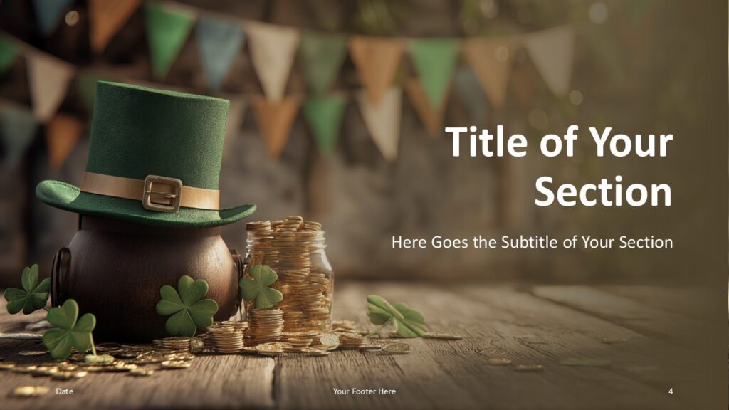 Pot of Gold PowerPoint and Google Slides Section Slide Pot of Gold section divider slide for PowerPoint and Google Slides featuring festive green background and decorative gold coins.