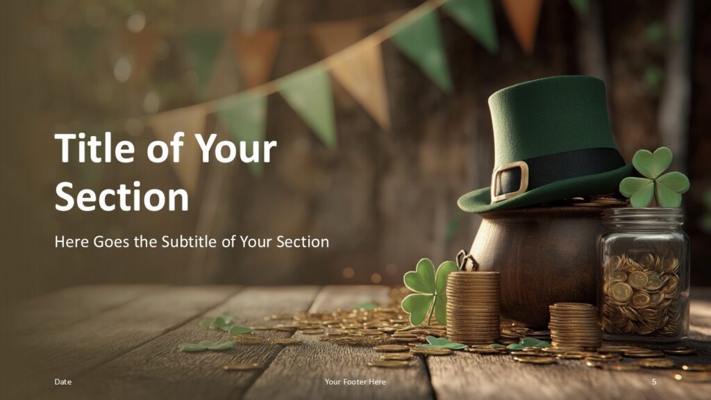 Pot of Gold PowerPoint and Google Slides Divider Slide Pot of Gold PowerPoint and Google Slides template section divider layout with green festive design and decorative clovers.