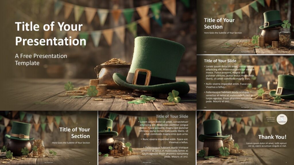 Pot of Gold presentation template for PowerPoint and Google Slides featuring festive green slides with clovers and gold coins.