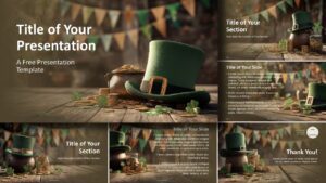 Pot of Gold presentation template for PowerPoint and Google Slides featuring festive green slides with clovers and gold coins.