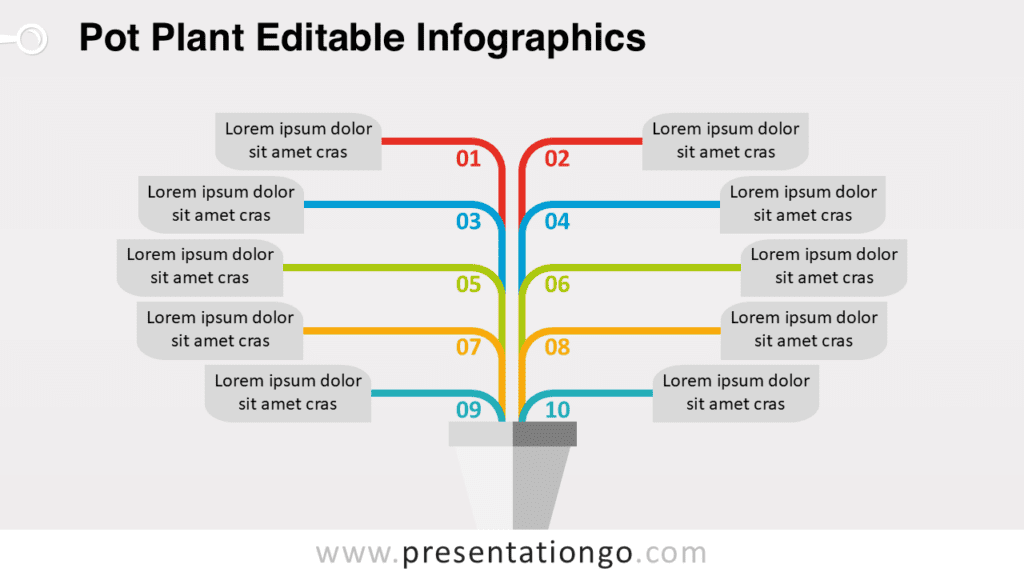 Pot plant diagram for PowerPoint showing ten colorful branches growing from a plant pot with text blocks representing ideas or strategy elements.