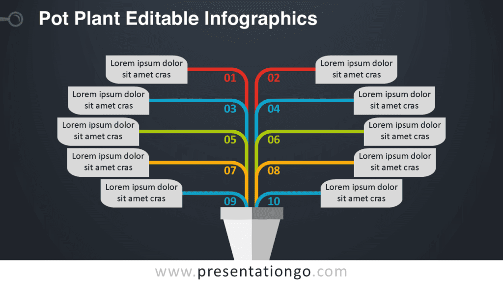 Pot Plant Diagram for PowerPoint Dark Slide Pot plant diagram for PowerPoint on dark background with ten colorful branches and text blocks illustrating ideas, hierarchy, or strategy.
