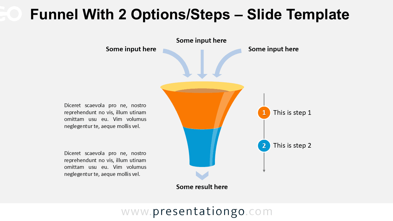 Editable 2-step funnel diagram for PowerPoint showing vertical layered process with input arrows and labeled stages for conversion flow.