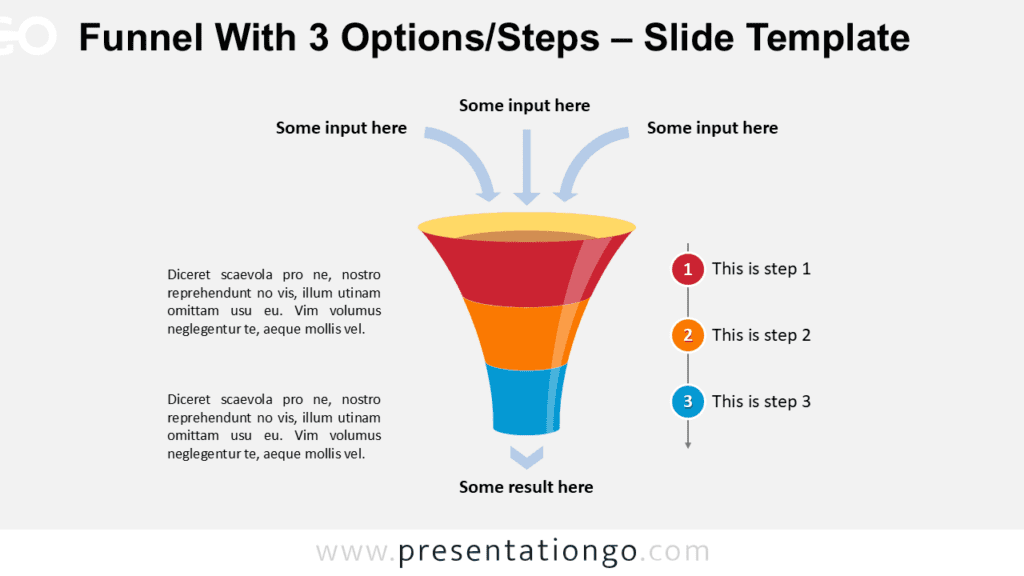 Editable 3-step funnel diagram for PowerPoint showing layered vertical process with input arrows and stage labels for conversion flow.