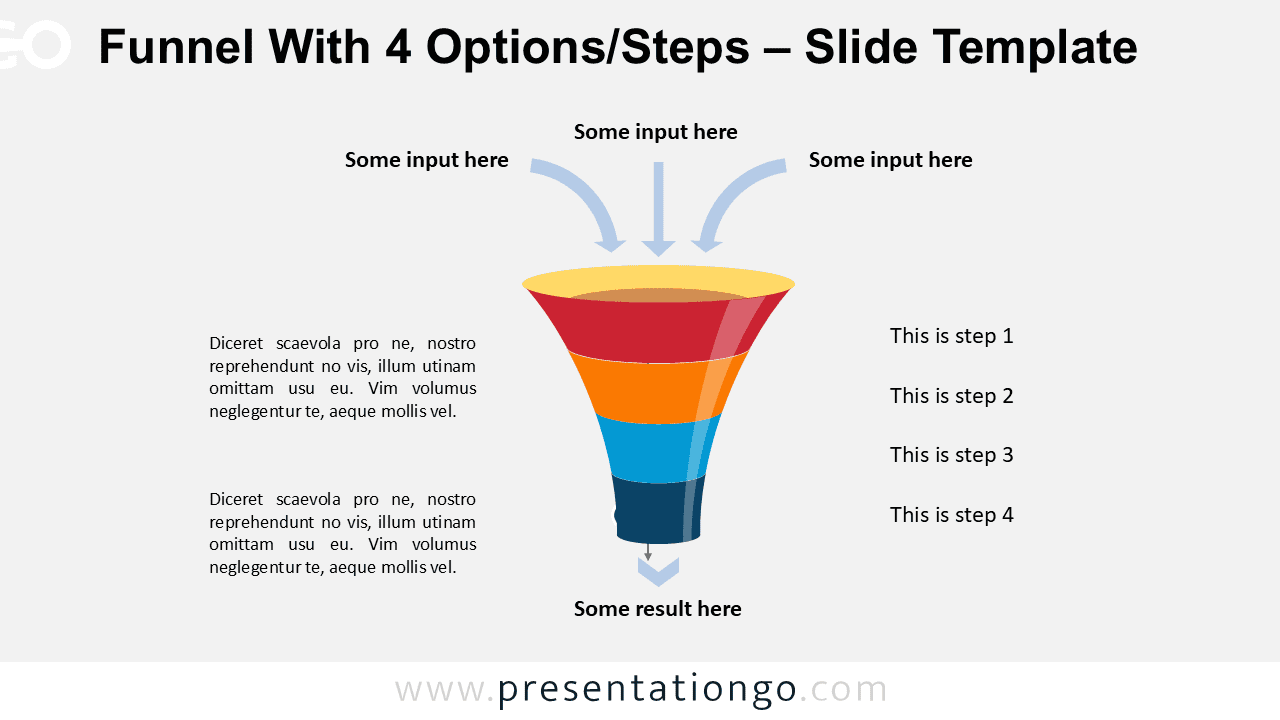 Editable 4-step funnel diagram for PowerPoint showing layered vertical process with input arrows and stage labels for conversion flow.
