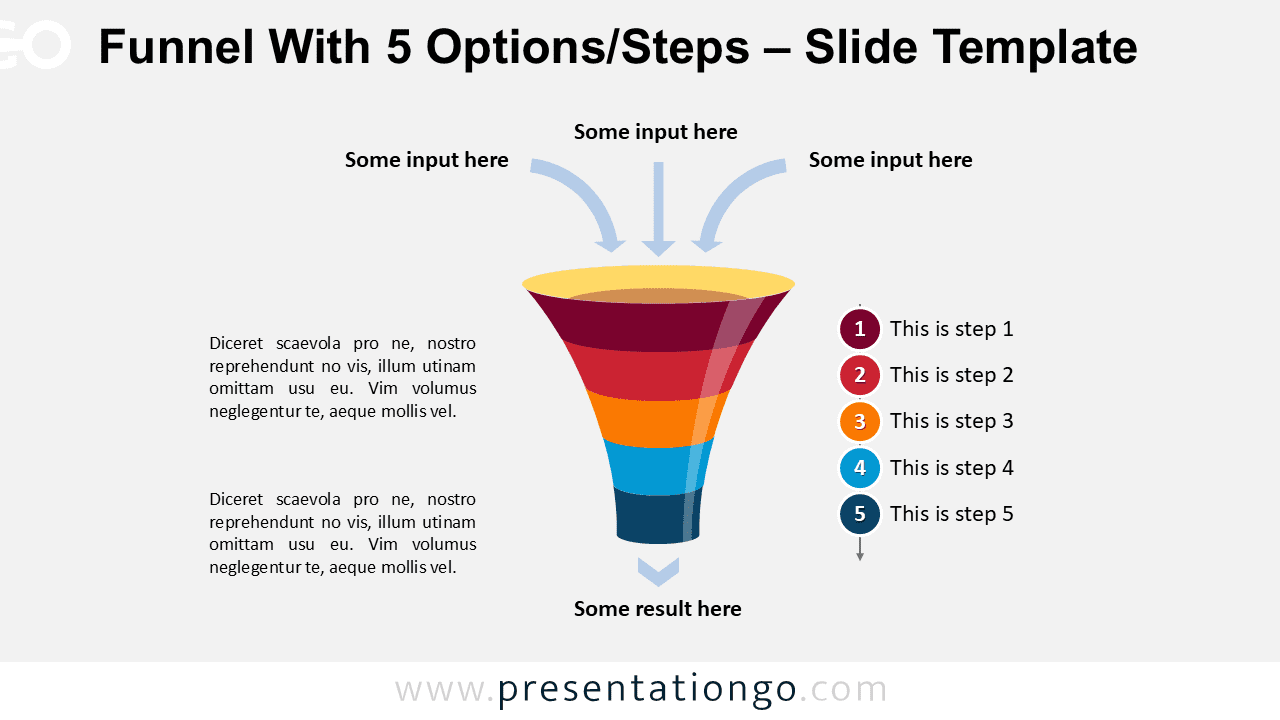 Editable 5-step funnel diagram for PowerPoint showing layered vertical process with input arrows and stage labels for conversion flow.