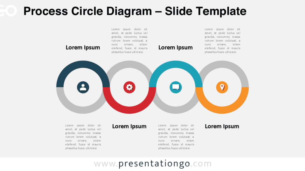 Process Circle Diagram for PowerPoint Process circle PowerPoint diagram with four connected circular stages illustrating a workflow, timeline or sequential process.