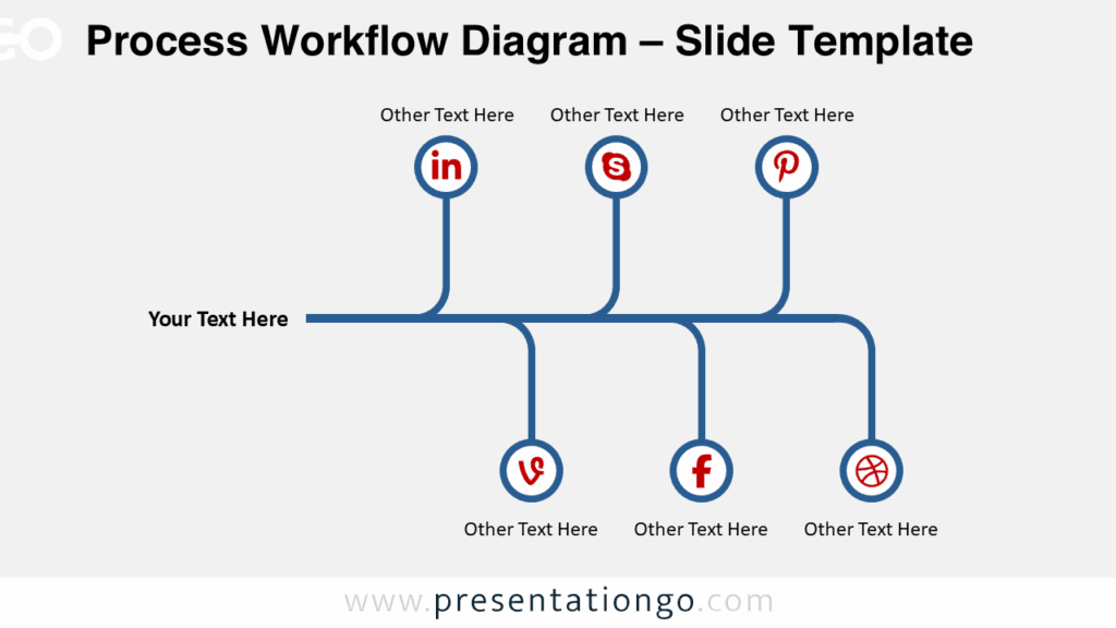 Process Workflow Diagram for PowerPoint Process workflow PowerPoint diagram with branching connectors linking six steps to illustrate a linear workflow or timeline process.