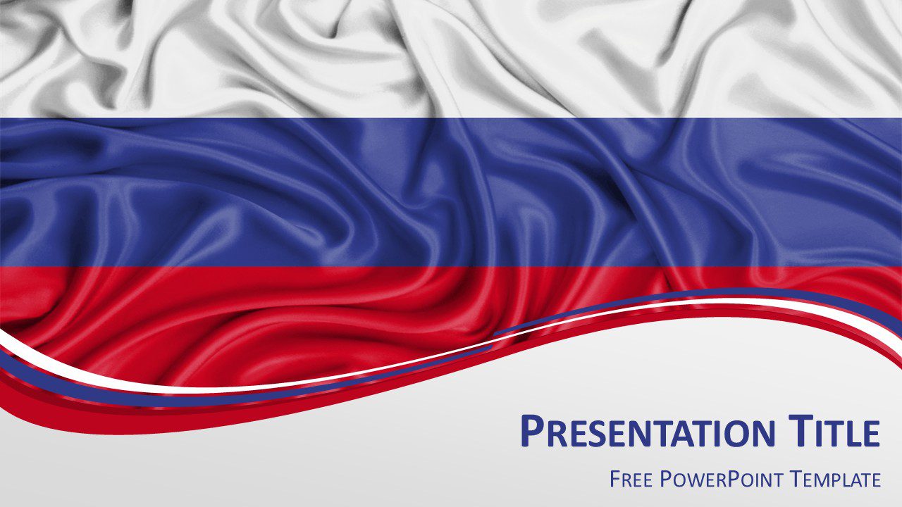 Russia flag PowerPoint template with waving white blue red Russian flag and modern wave design for presentation slides.