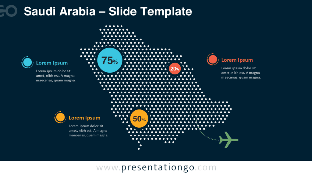 Saudi Arabia Dotted Map Infographic PowerPoint Dark Background Saudi Arabia dotted map infographic for PowerPoint with modern dot map visualization and editable markers for presenting geographic statistics in presentations.
