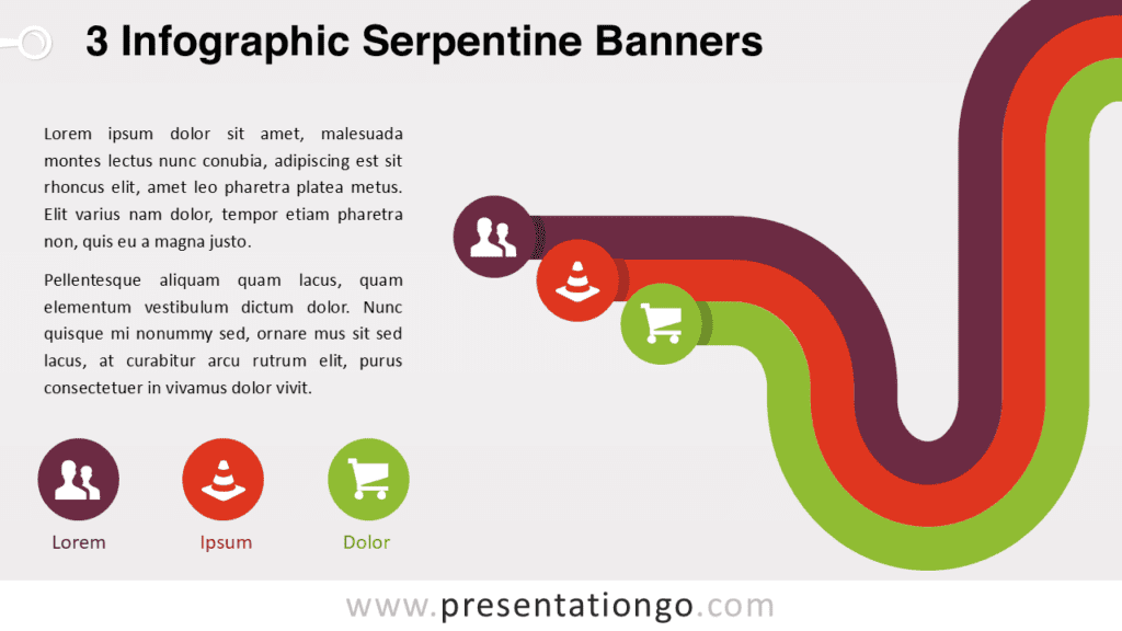Serpentine Banners Infographic for PowerPoint Serpentine banners infographic template for PowerPoint showing three curved banner paths with icons and text placeholders for process steps.