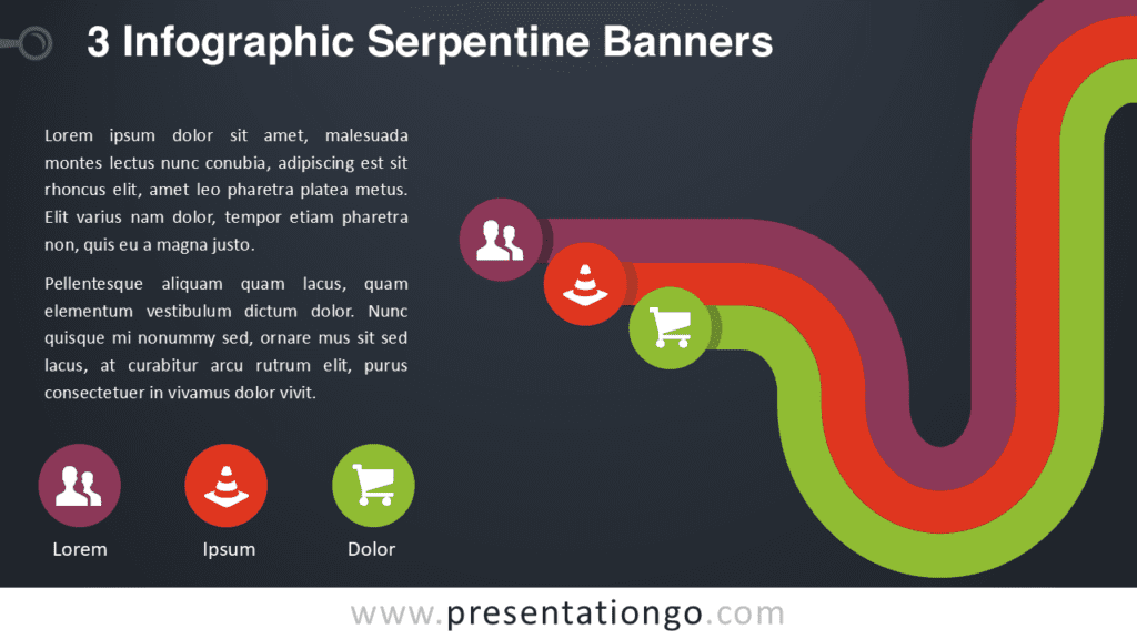 Serpentine Banners Infographic for PowerPoint Dark Slide Serpentine banners infographic template for PowerPoint on dark background with three curved banners illustrating steps or process flow.