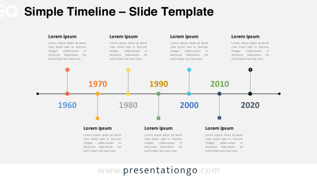 Simple Timeline Diagram for PowerPoint Simple timeline diagram for PowerPoint with seven chronological milestones displayed along a horizontal timeline.