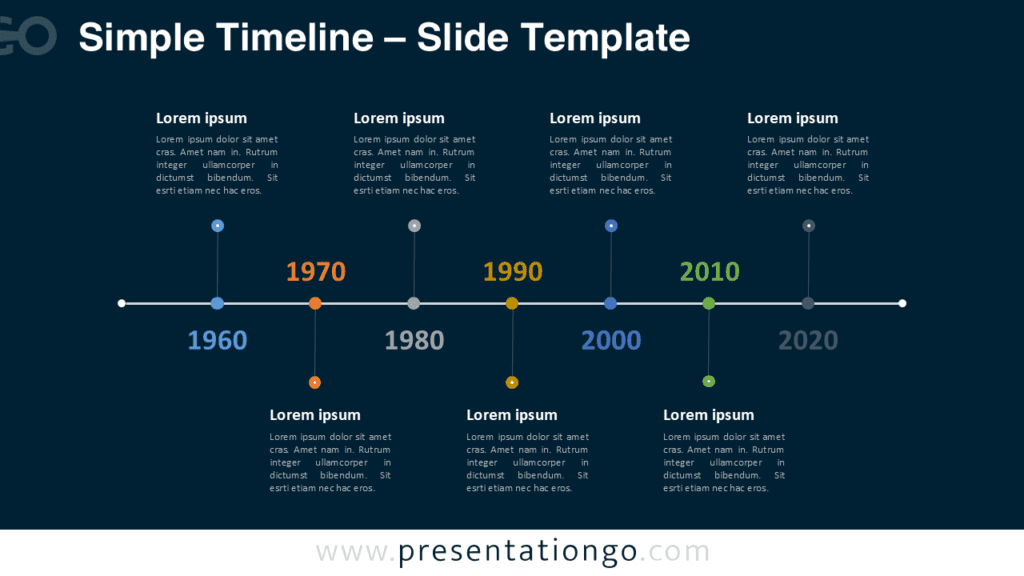Simple Timeline Diagram for PowerPoint Dark Slide Simple timeline diagram for PowerPoint on dark background with seven chronological milestones arranged along a horizontal line.