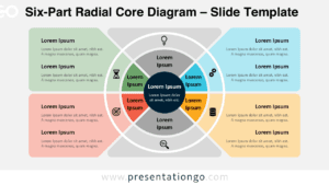 Six-part radial core diagram for PowerPoint and Google Slides showing a circular layout with six segments and editable icons.