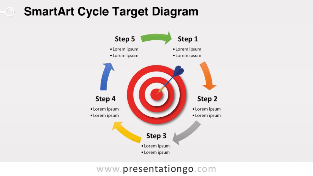 SmartArt cycle target diagram for PowerPoint showing five circular process steps around a bullseye target with a dart hitting the center.
