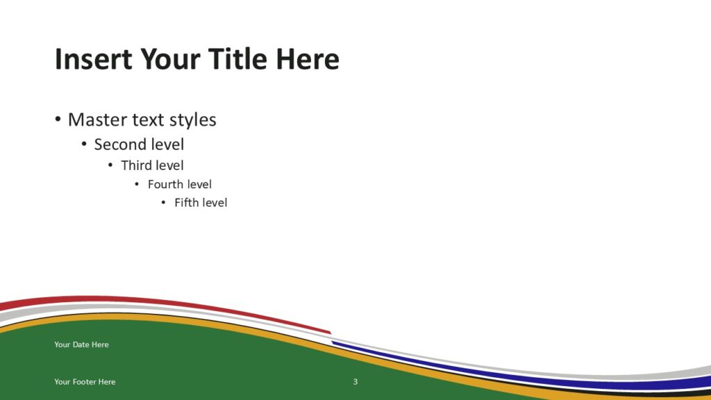 South Africa Flag PowerPoint Template Green Wave Slide South Africa flag PowerPoint template slide with green wave background and curved ribbon accents reflecting South African flag colors.