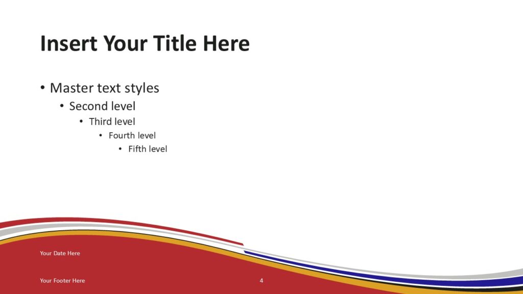 South Africa Flag PowerPoint Template Red Wave Slide South Africa flag PowerPoint template slide with red wave background and curved ribbon accents reflecting South African flag theme.