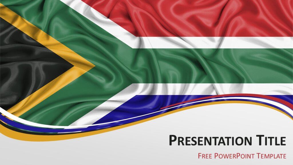 South Africa flag PowerPoint template cover slide with waving South African flag background and curved wave design.