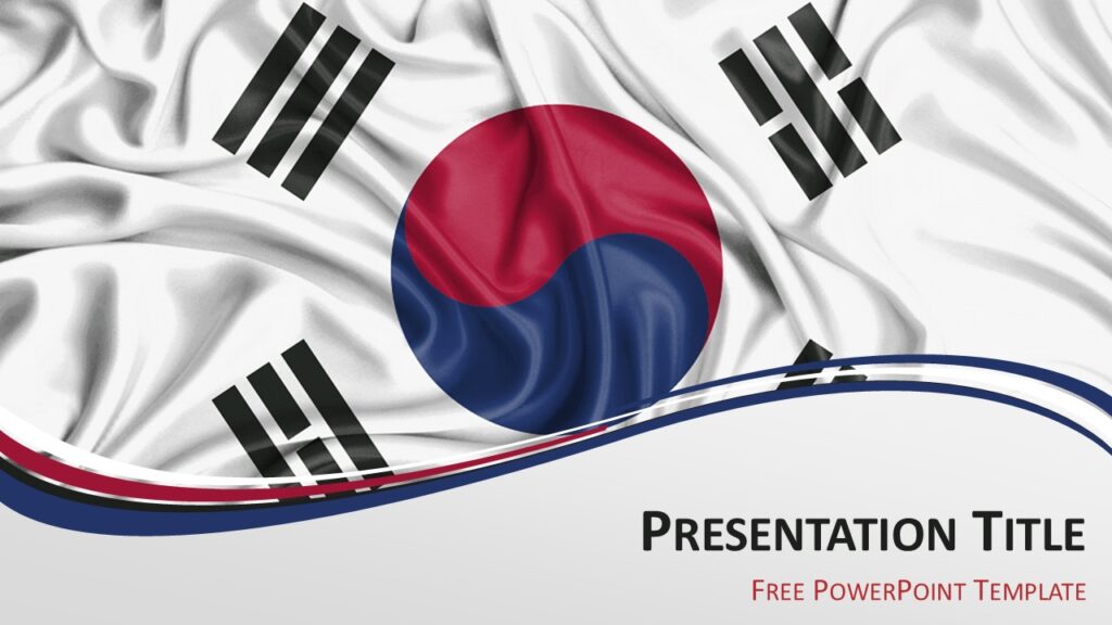 South Korea flag PowerPoint template cover slide with waving South Korean flag background and curved ribbon wave design.