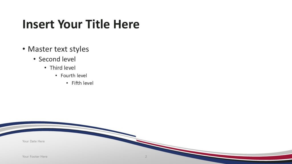 South Korea Flag PowerPoint Template Title Content Slide South Korea flag PowerPoint template title and content slide with curved ribbon wave design inspired by South Korean flag colors.