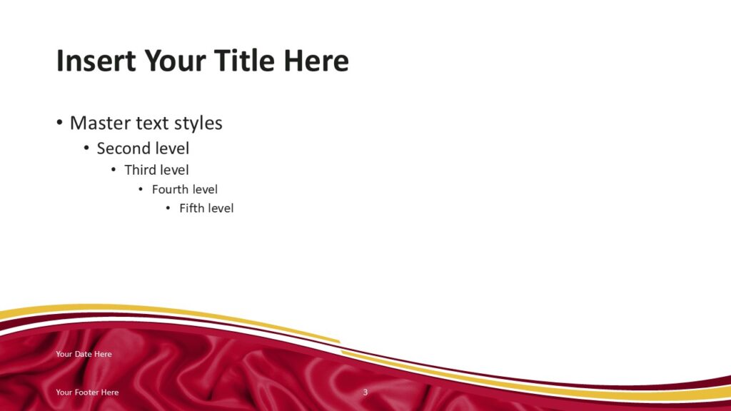 Spain Flag PowerPoint Template Red Wave Slide Spain flag PowerPoint template slide with red wave background and curved ribbon accents reflecting Spanish flag colors.