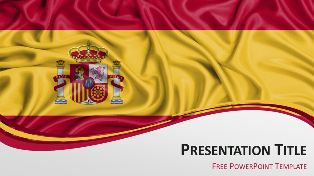 Spain flag PowerPoint template cover slide with waving Spanish flag background and curved ribbon wave design.