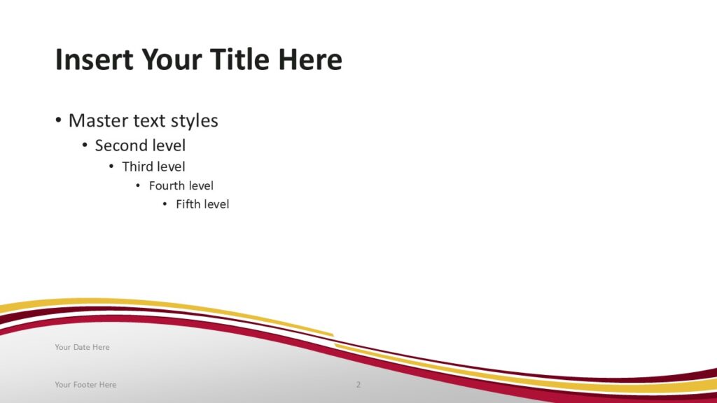 Spain Flag PowerPoint Template Title Content Slide Spain flag PowerPoint template title and content slide with curved ribbon wave design inspired by Spanish flag colors.