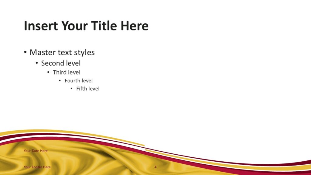 Spain Flag PowerPoint Template Yellow Wave Slide Spain flag PowerPoint template slide with yellow wave background and curved ribbon accents reflecting Spanish flag theme.