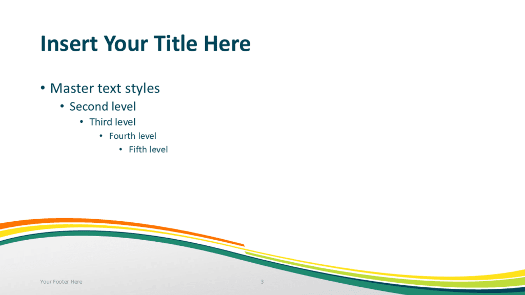 Spring wave PowerPoint template with vivid green and orange curved stripes on dark background for modern presentations. Clean PowerPoint slide template with green and orange curved wave stripes creating an elegant abstract presentation layout.