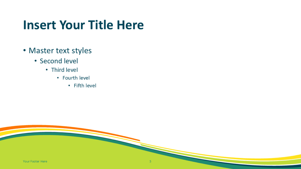 Spring Wave Green Slide Template for PowerPoint PowerPoint slide template with bright green curved wave background and orange yellow accent stripes.